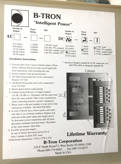 B-TRON Intelligent Power 16-Output 200VA Power Cabinet 4-06-8331 (Untested) USED