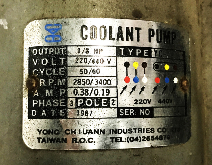 Yong Chiuann 1/8hp 220/440v 3-Phase 2-Pole Coolant Pump USED