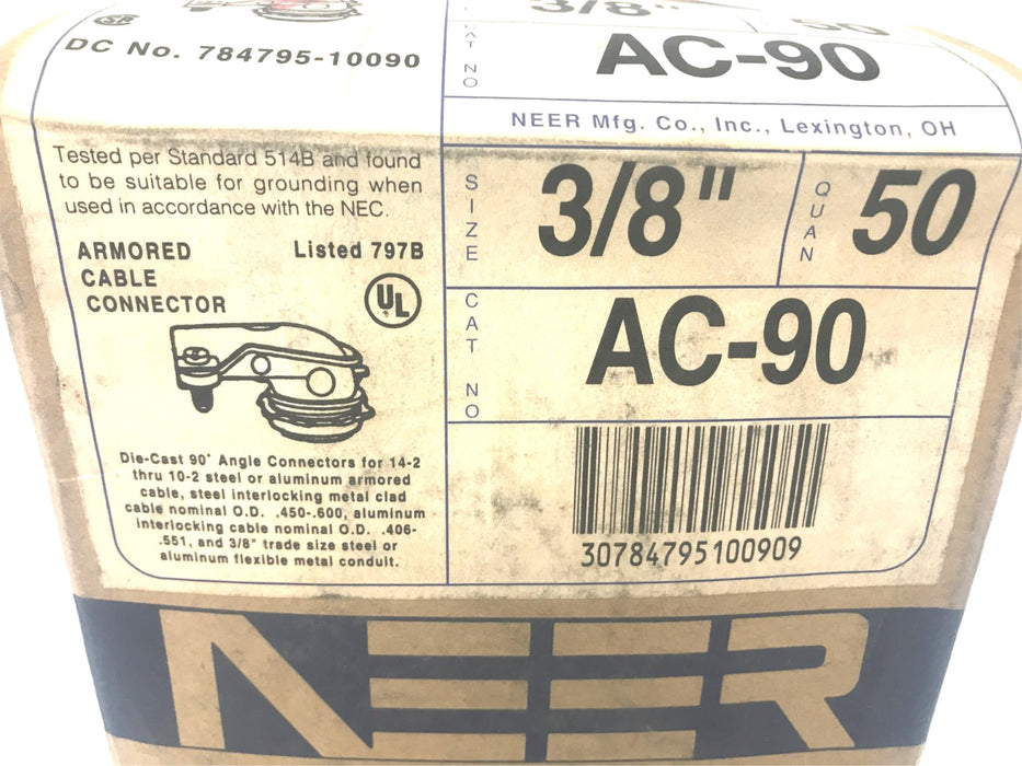 NEER Box(50 Pcs) of 3/8IN 90 Deg Armored Cable Connector Screw Missing AC-90 NOS