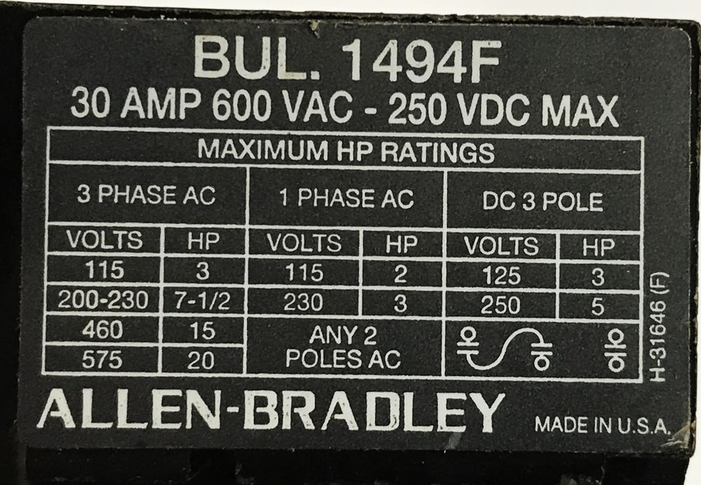 Allen-Bradley 30Amp 3-Pole Disconnect Switch Assembly 1494F-NF30 NOS