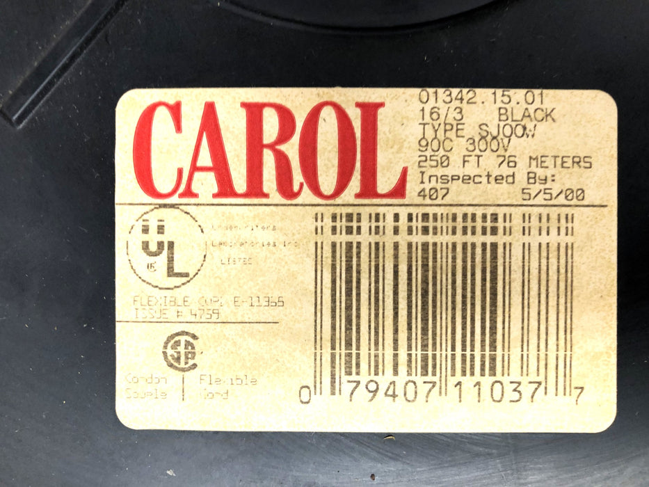 Carol 250FT 3 Conductor 16AWG Unshielded 600V 90C SJ00W 1/2 Spool 01342.15.01NOS