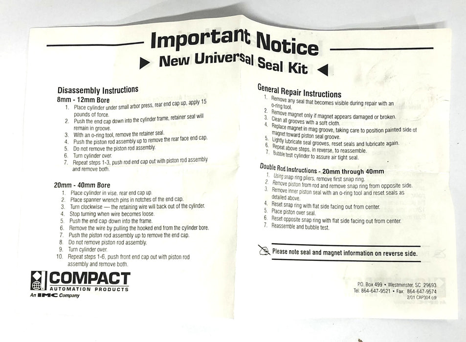Compact Air Products Repair Kit RK34 10/03 NOS