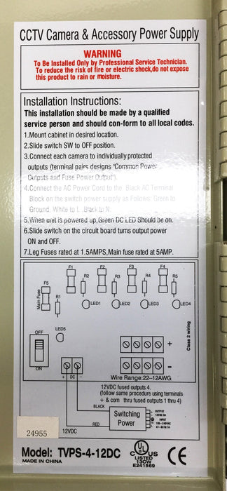 GE Security Multi-Output 12VDC Power Supply TVPS-4-12DC USED