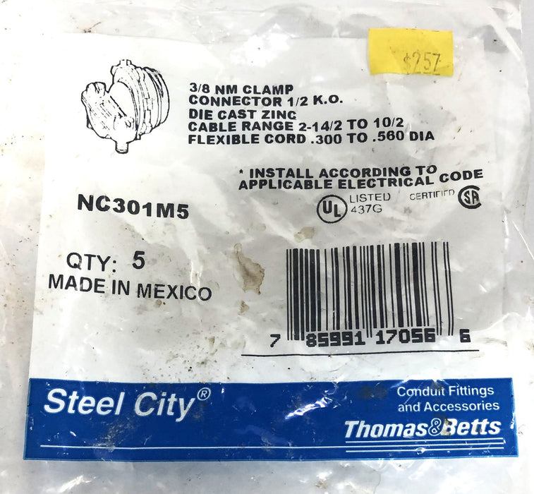 Thomas & Betts Steel City 3/8NM Clamp Connector 1/2 K.O. NC301M5 [Lot of 5] NOS