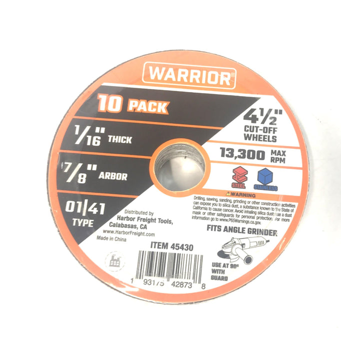 Warrior Cut-Off Wheels(Pack of 10) 4-1/2" OD 1/16" Thick 45430 [Lot of 2] NOS