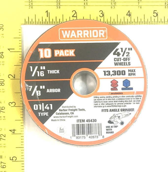 Warrior Cut-Off Wheels(Pack of 10) 4-1/2" OD 1/16" Thick 45430 [Lot of 2] NOS