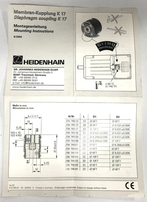 Heidenhain K-17 112 DG cX PTB 04 ATEX D051 Flex Coupling 296-746-02 NOS