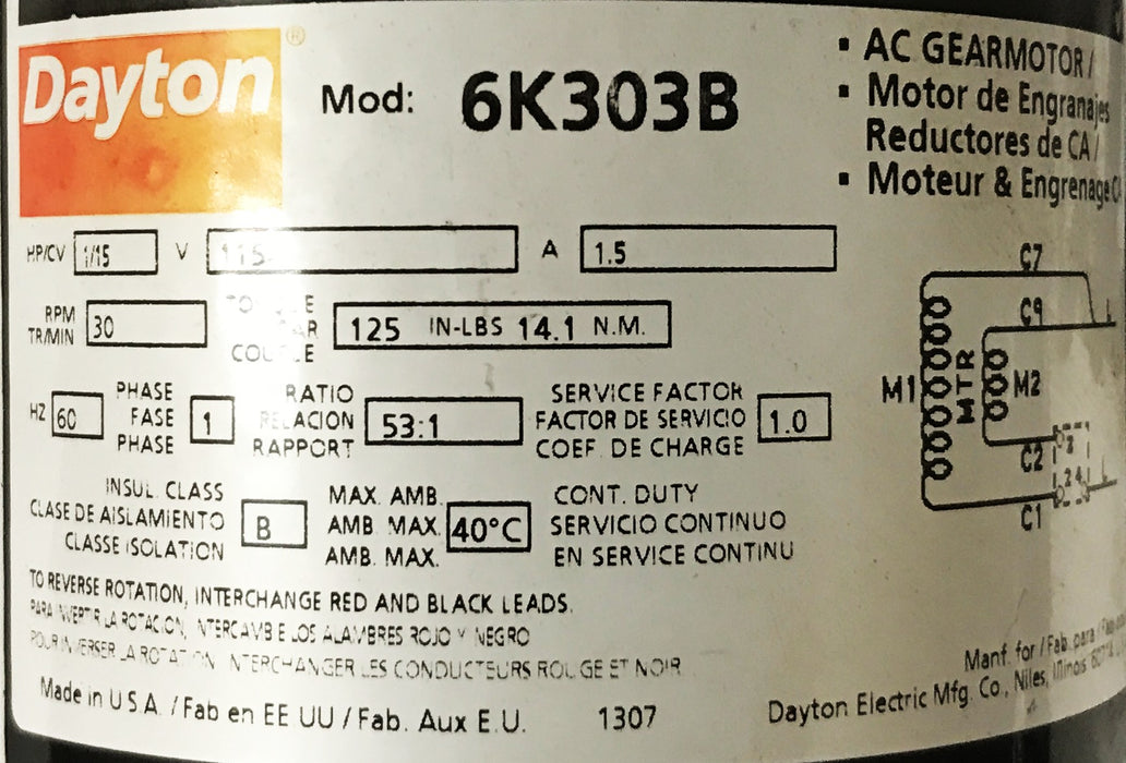 Dayton 6K303B Gear Motor 151-A00-0010 USED