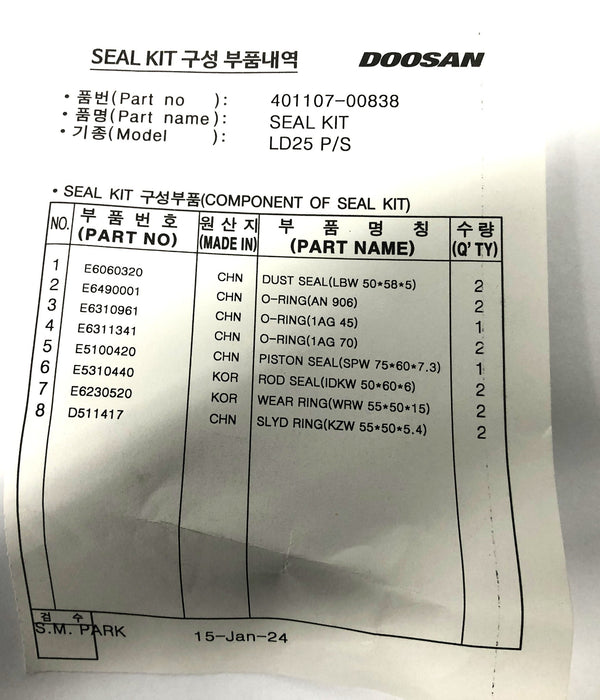 Doosan Seal Kit 401107-00838 NOS