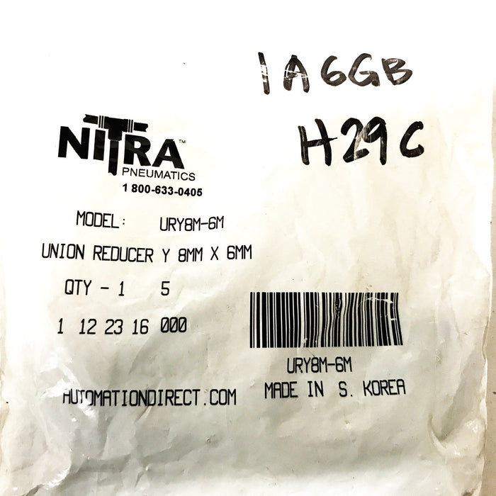 Nitra 8mm x 6mm x 6mm Push to Connect Fitting URY8M-6M [Bag of 5] NOS