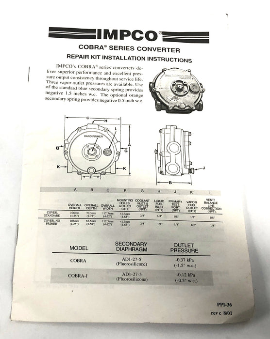 IMPCO RK-Cobra Repair Kit Incomplete 501020 NOS