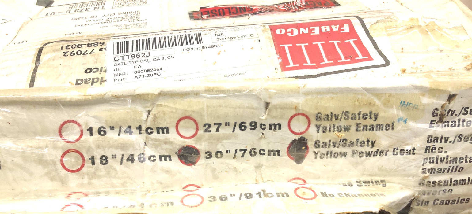 Fabenco 30 Inch Yellow Galvanized Steel Self Closing Safety Gate A71-30PC NOS
