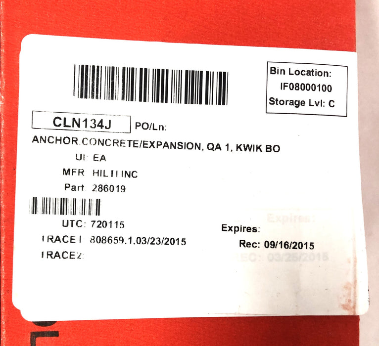 Hilti Kwik Bolt 5 Piece 1 Inch Concrete Expansion Anchor KB3-1x12LT (286019) NOS