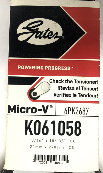Gates 13/16x106-3/8 Inch OC Micro-V Serpentine Belt K061058 (6PK2687) NOS