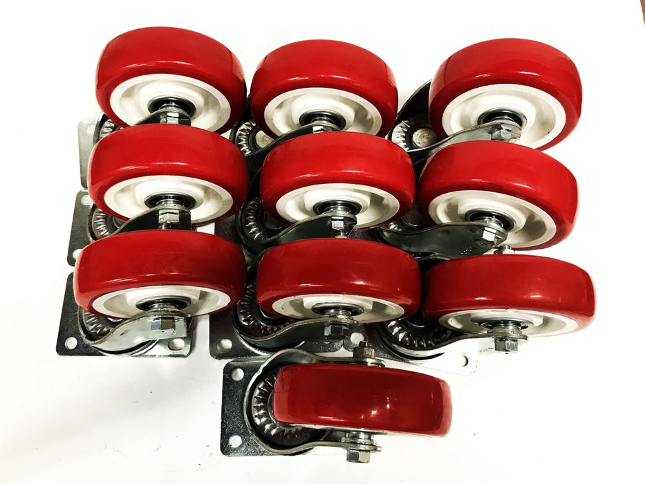 Unbranded 4 inch Red Polyurethane Swivel Caster Wheels [Lot of 10] NOS