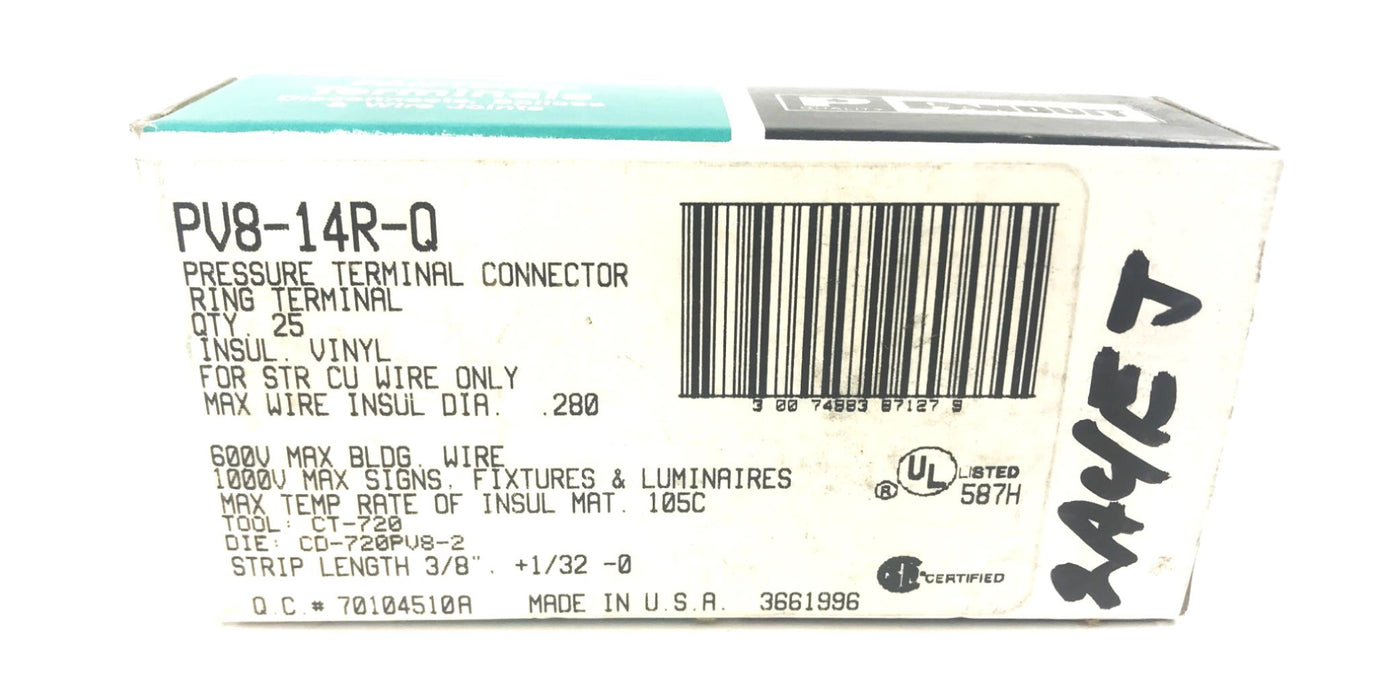 Panduit Pan-Term Terminals 1/4 Stud Wire Size 8 (Pack of 25) PV8-14R-Q NOS