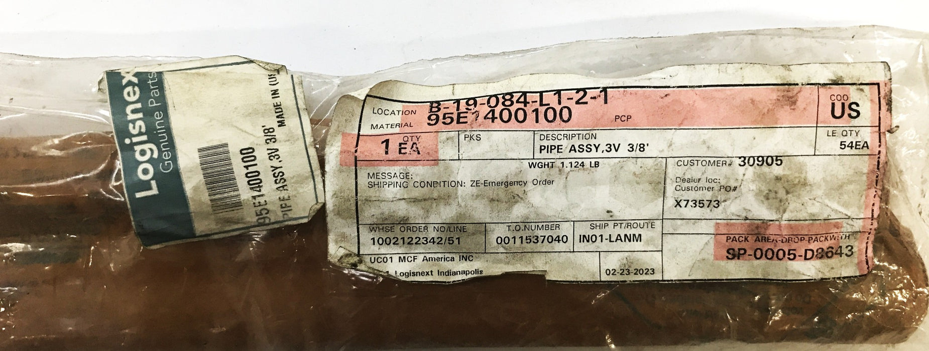 Logisnex Caterpillar 3 Volt 3/8 inch Pipe Assembly 95E1400100 NOS