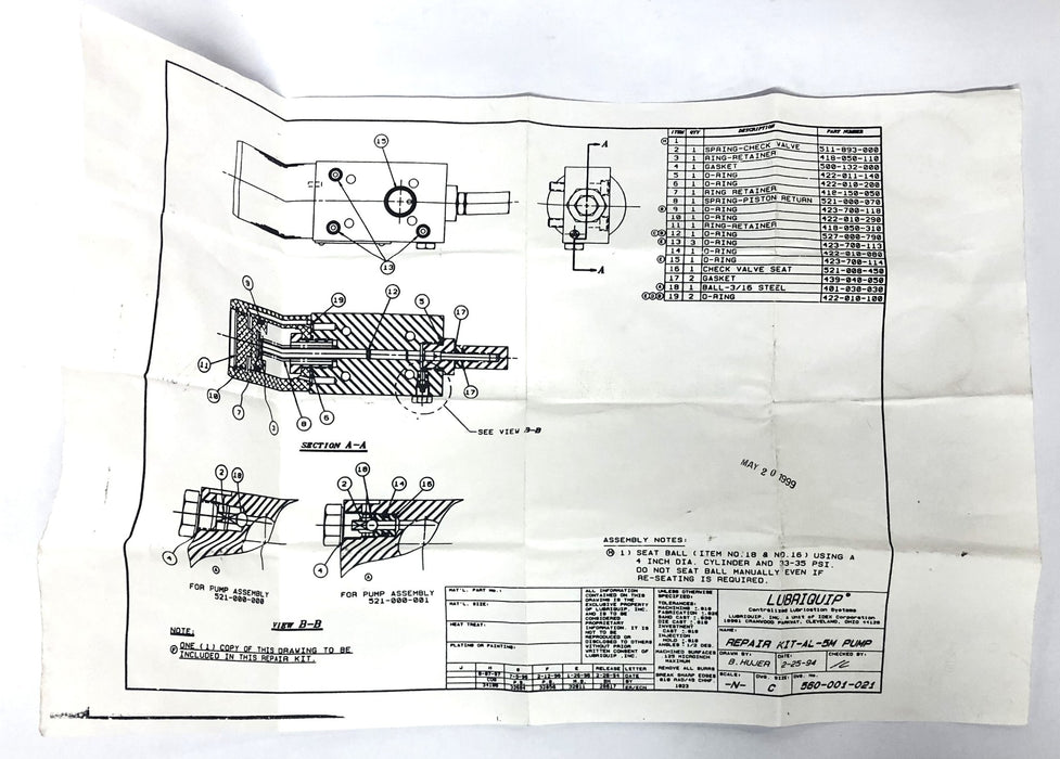 Lubriquip Repair Kit-AL-5M Pump 560-001-021 NOS