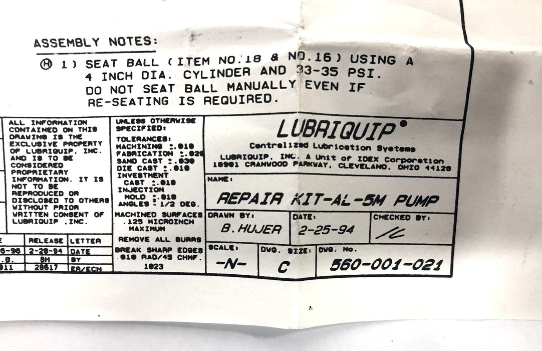Lubriquip Repair Kit-AL-5M Pump 560-001-021 NOS