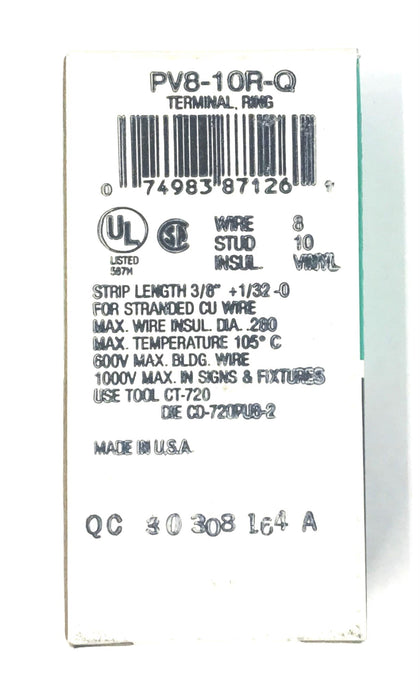 Panduit Pan-Term Terminals Stud 10 Wire 8 (Pack of 25) PV8-10R-Q NOS