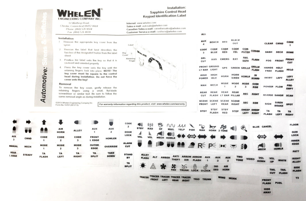 Whelen Sapphire Control Head Keypad Identification Labels 14701 (061213) NOS