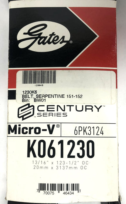 Gates 13/16x123-1/2IN OC Micro-V Century Serpentine Belt K061230 (6PK3124) NOS