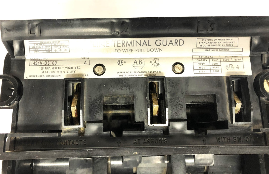 Allen-Bradley 100AMP 600VAC 250VDC Series A Line Terminal Guard 1494V-DS100 USED