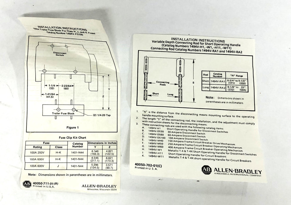 Allen-Bradley SER A 100A 250-600V Fusible Disconnect Switch Kit 1494V-DH611 NOS