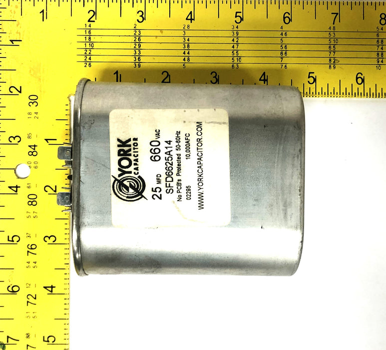 York 25MFD 660VAC 50-60Hz 10,000AFC Capacitor SFD6625A14 NOS