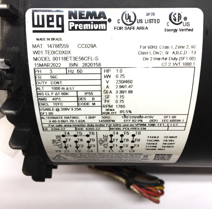 WEG NEMA Premium 230/460 General Purpose 1765-RPM Motor 00118ET3E56CFL-S USED