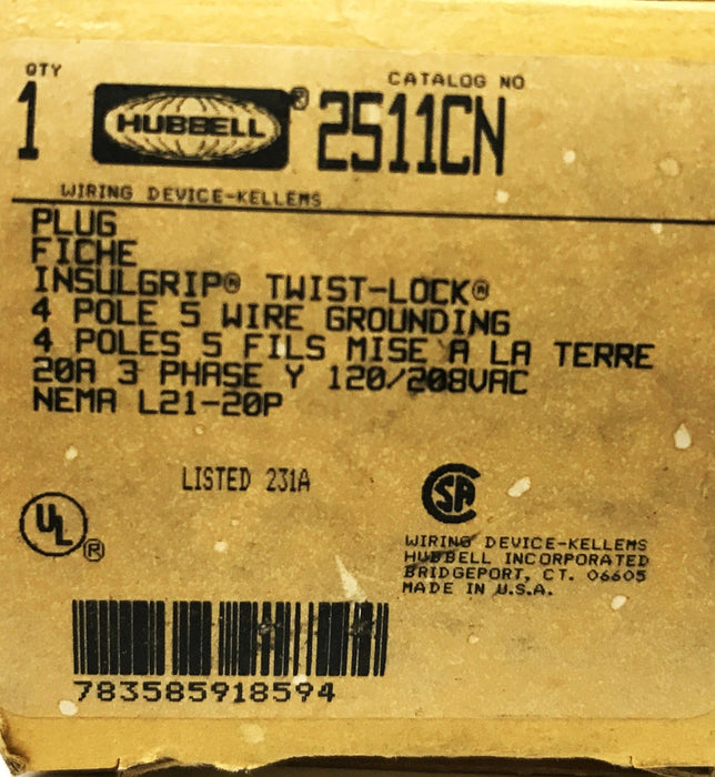 Hubbell 4-Pole 5-Wire Grounded Twist-Lock Receptacle 2511CN NOS