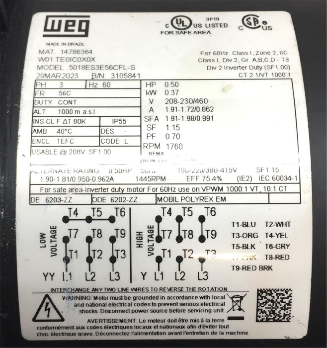 WEG 3-Phase 208-230/460 General Purpose 1760-RPM Motor 5018ES3E56CFL-S USED