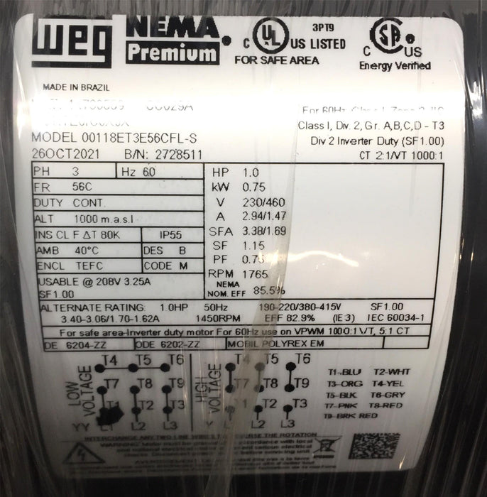 WEG NEMA Premium 230/460 General Purpose 1765-RPM Motor 00118ET3E56CFL-S NOS