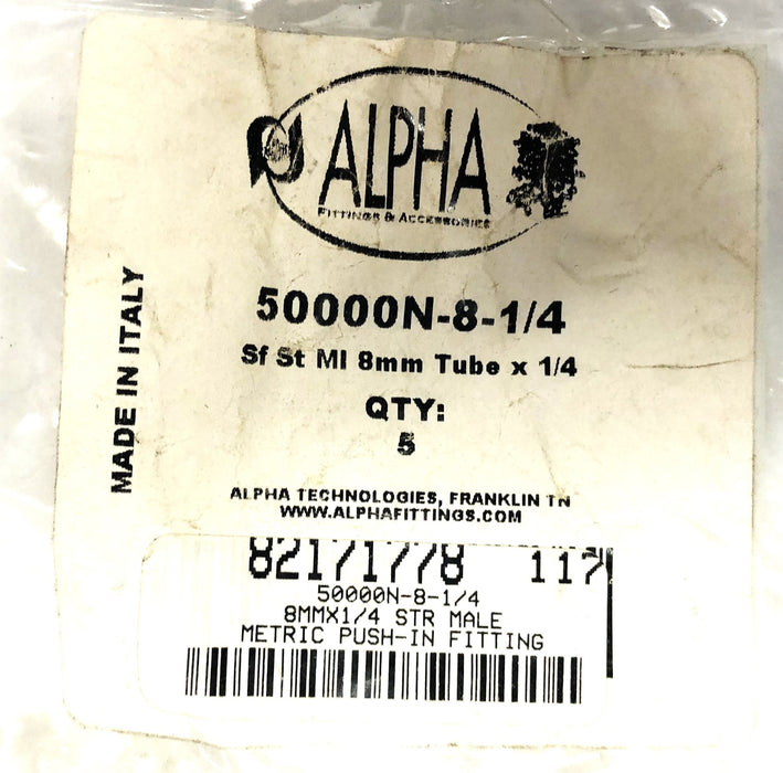Alpha 8MMx1/4IN Straight Male Metric Push-In Fitting 50000N-8-1/4 [Lot of 6] NOS