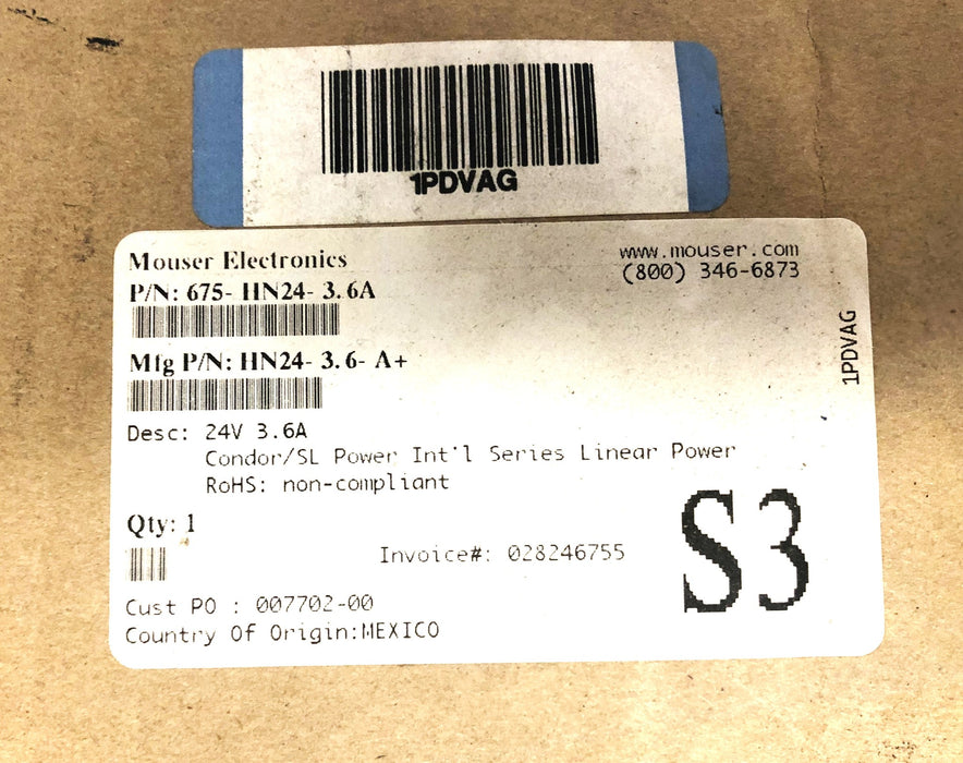 Mouser Electronics 24V 3.6A Condor/SL Power Supply 675-HN24-3.6A NOS