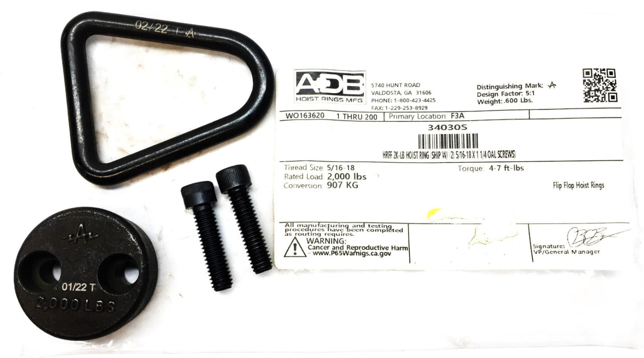 ADB Steel Black Oxide Flip-Flop Hoist Ring Assembly 34030S NOS