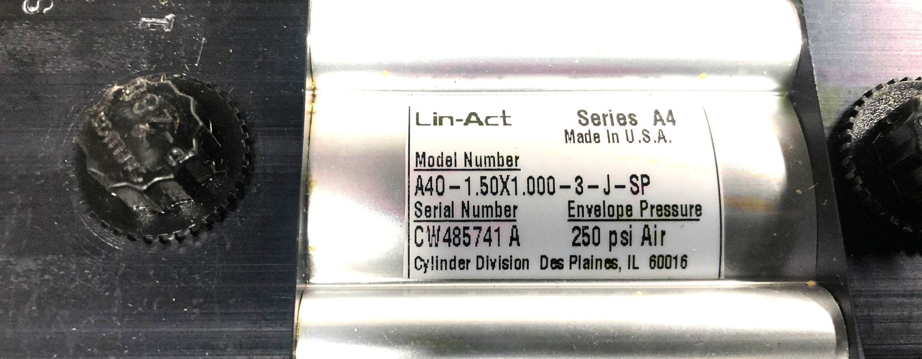 Lin-Act Series A4 250psi Air Cylinder A40-1.50X1.000-3-J-SP (CW485741 A) NOS