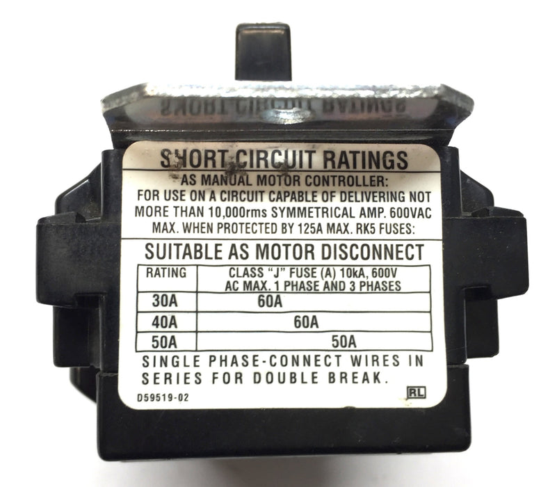 Hubbell 30A/600 VAC General Purpose Safety Switch HBL7832D USED