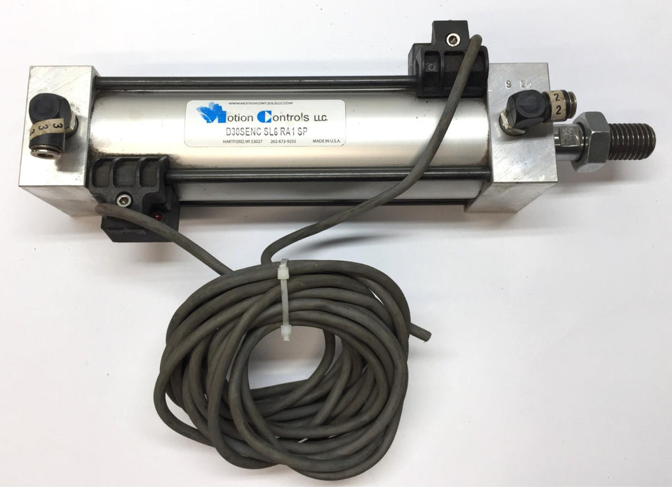 Motion Controls Cylinder with PTC 1/4" Fitting and Sensor D30SENCSL6RA1SP USED
