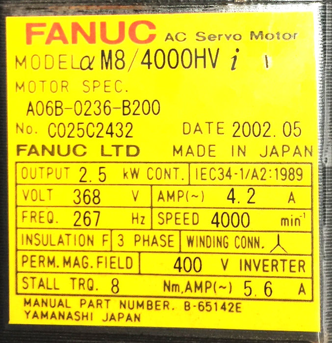 Fanuc M8/4000HVi AC Servo Motor w/Coupling A06B-0236-B200 (A860-2000-T301) USED