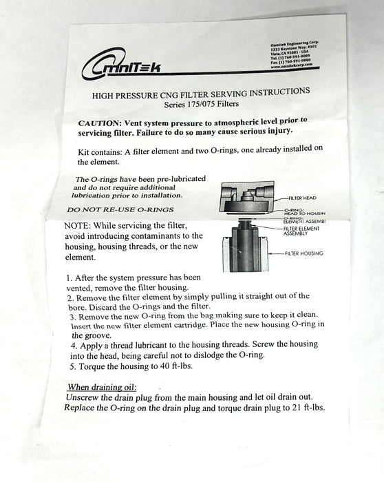 OmniTek High Pressure CNG Filter Series 175/075 NOS