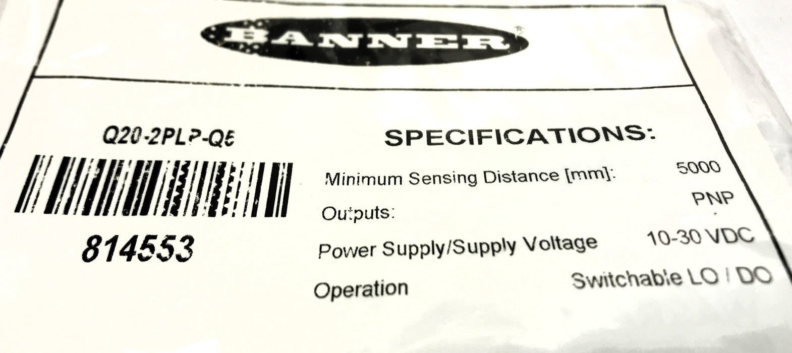 Banner 10-30VDC Photoelectric Sensor Q20-2PLP-Q5 NOS