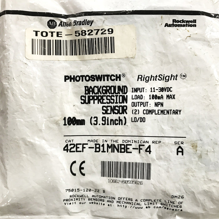 Allen-Bradley Background Suppression Sensor 42EF-B1MNBE-F4 NOS