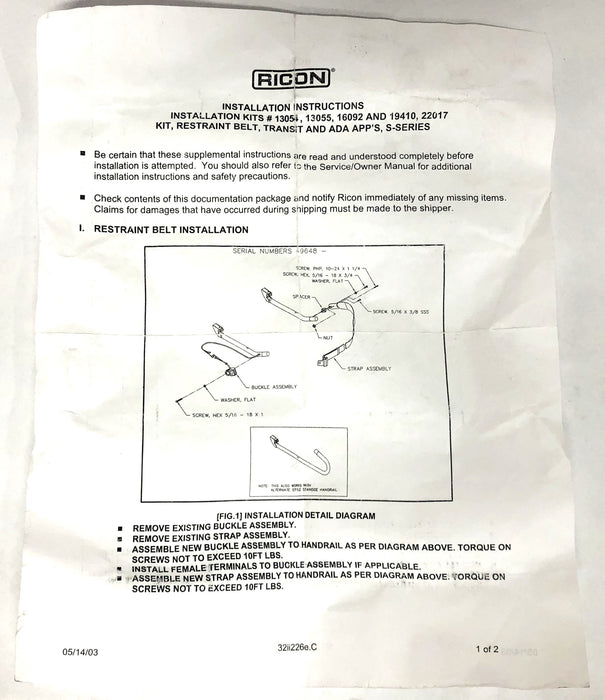 Ricon Restraint Belt Assembly 16092 NOS