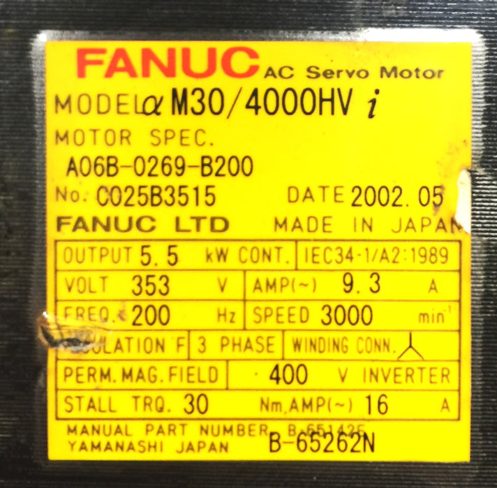 Fanuc M30/4000HVi AC Servo Motor A06B-0269-B200 with 3" Pulley USED