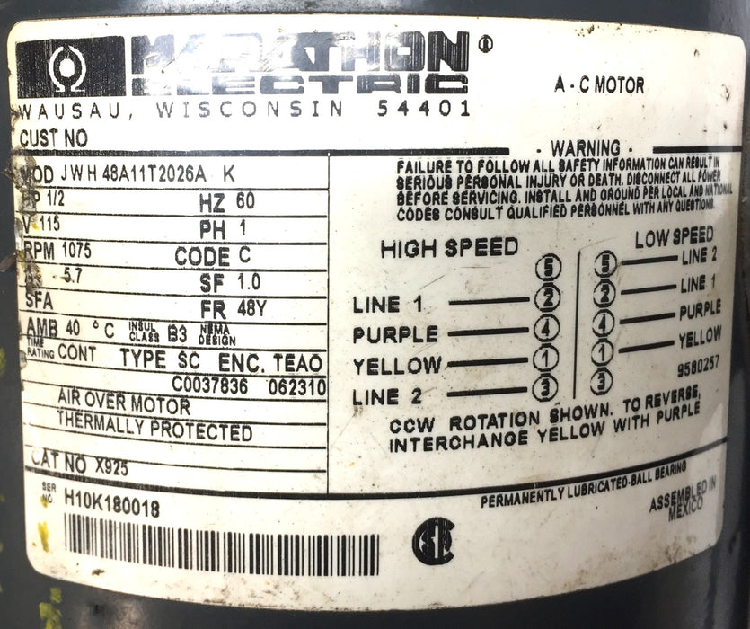 Marathon X925 1/2Hp 1075 RPM Single Phase Thermally Protected AC Motor USED