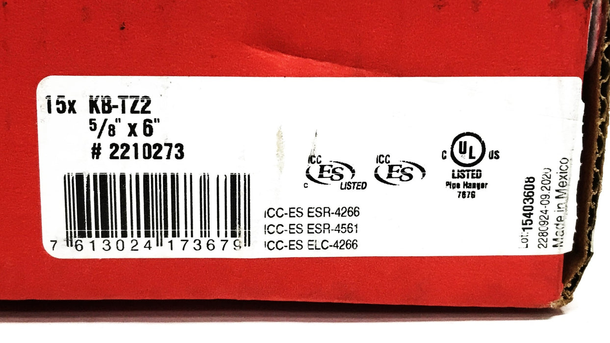 Hilti 5/8 inch X 6 inch Steel Zinc Plated Concrete Anchor KB-TZ2 [Box of 15] NOS