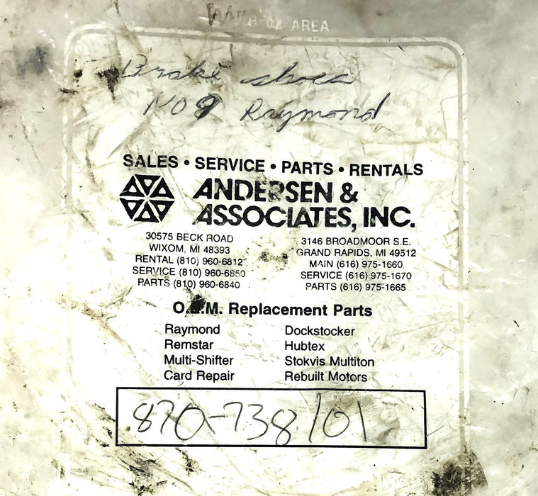 Anderson & Associates Brake Shoe Set For Raymond 870-738/01 NOS