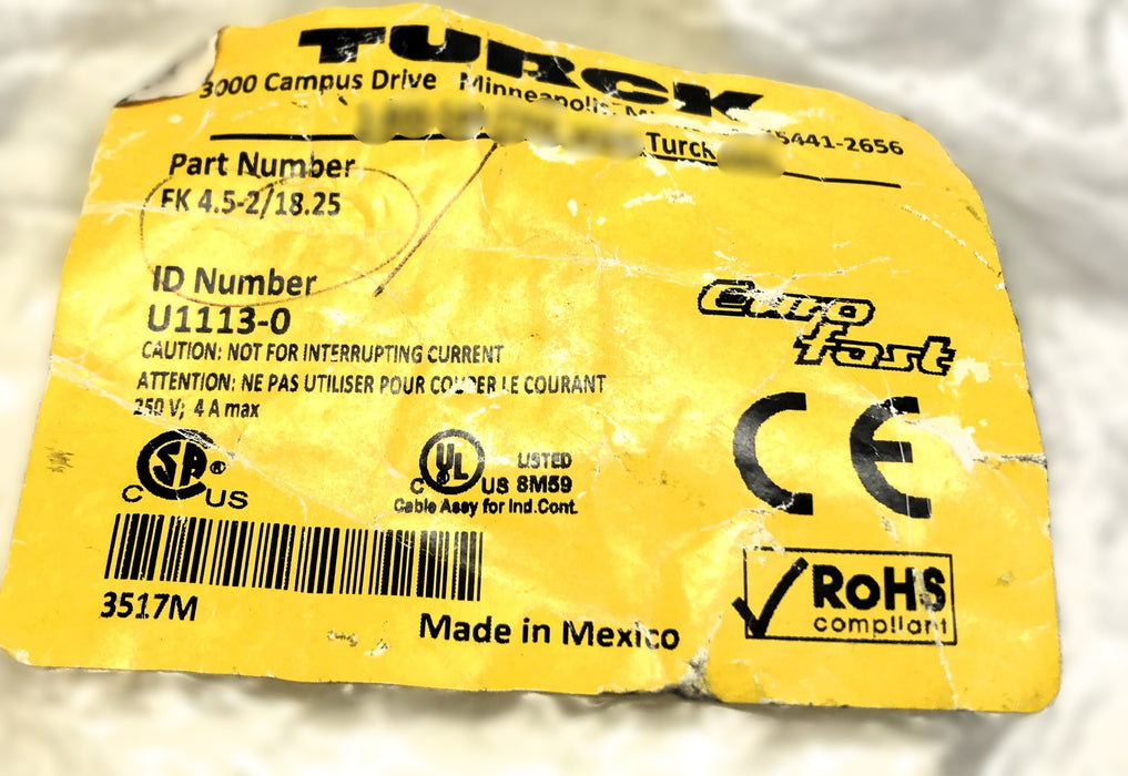 Turck Receptacle Cable FK4.5-2/18.25 NOS
