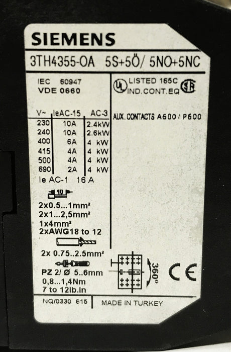 Siemens Contactor 55E Control Relay 3TH4355-OAK6 NOS